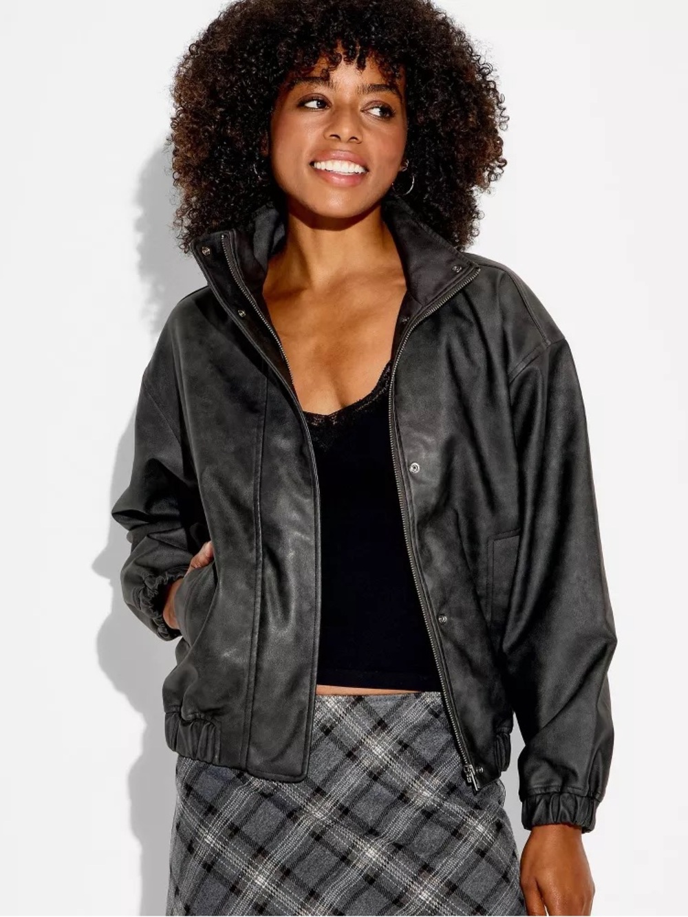 Wild Fable Faux Leather Bomber Jacket / Black Wash / Size: XXS / Streetwear